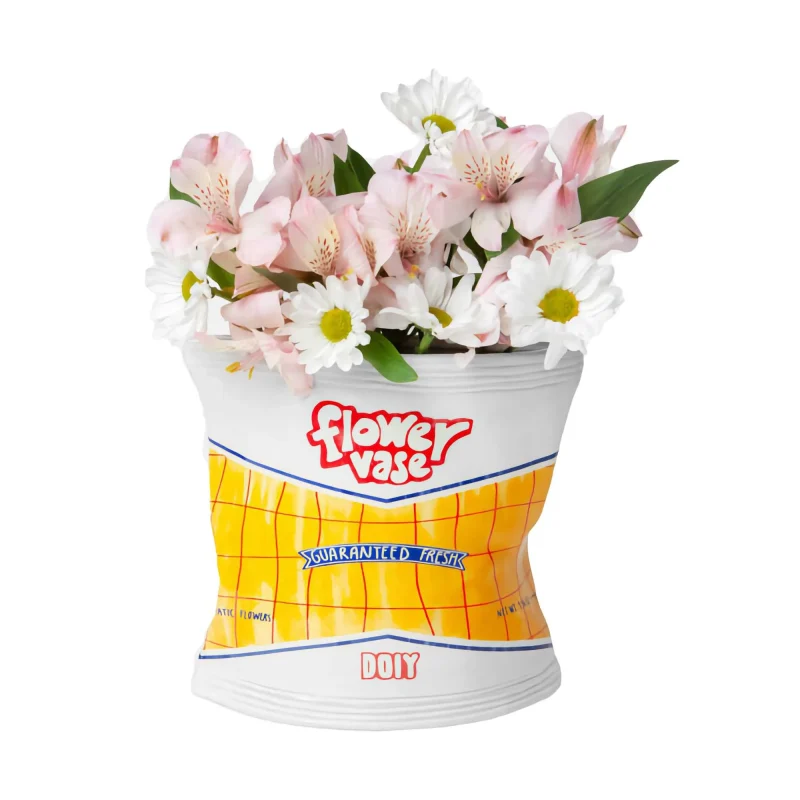 corner shop vase in chips bag design doiy