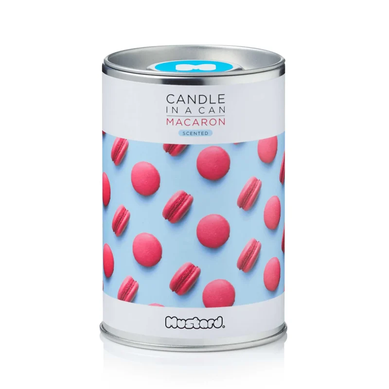 mustard macaron scented candle in a can