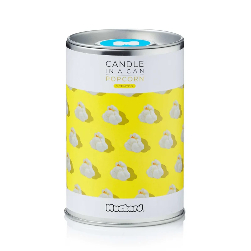 mustard popcorn scented candle in a can